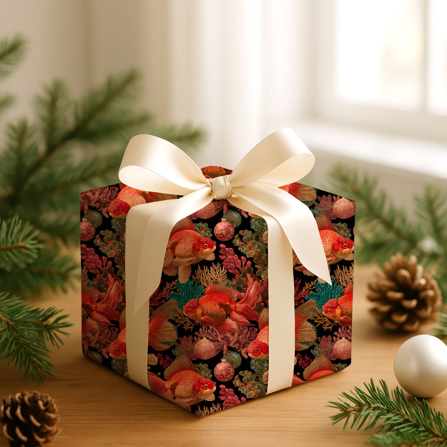 Crimson Fins Dance Through Ornaments