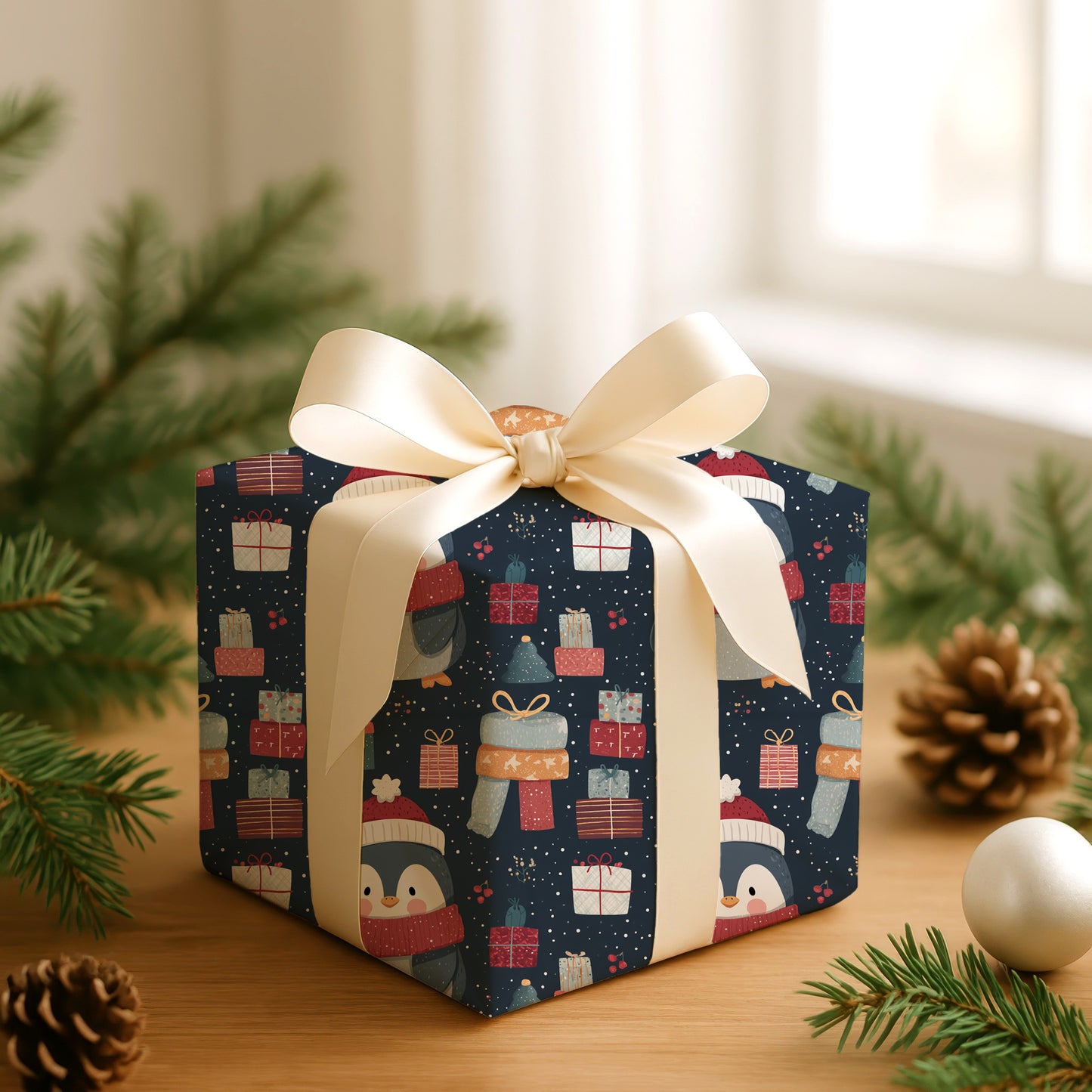 Cozy Penguin Prepares Winter's Cheer