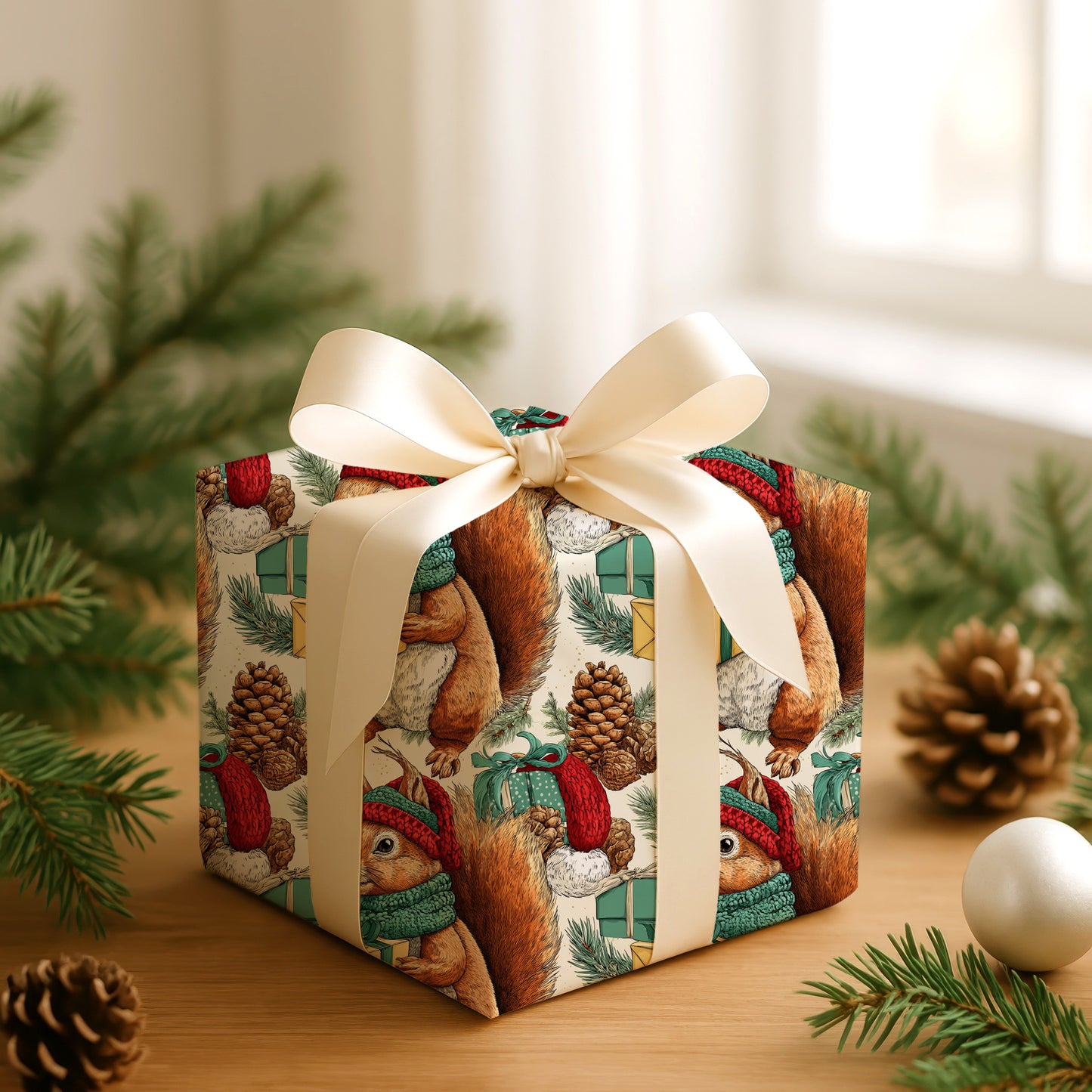Festive Squirrel Wraps Winter's Gift