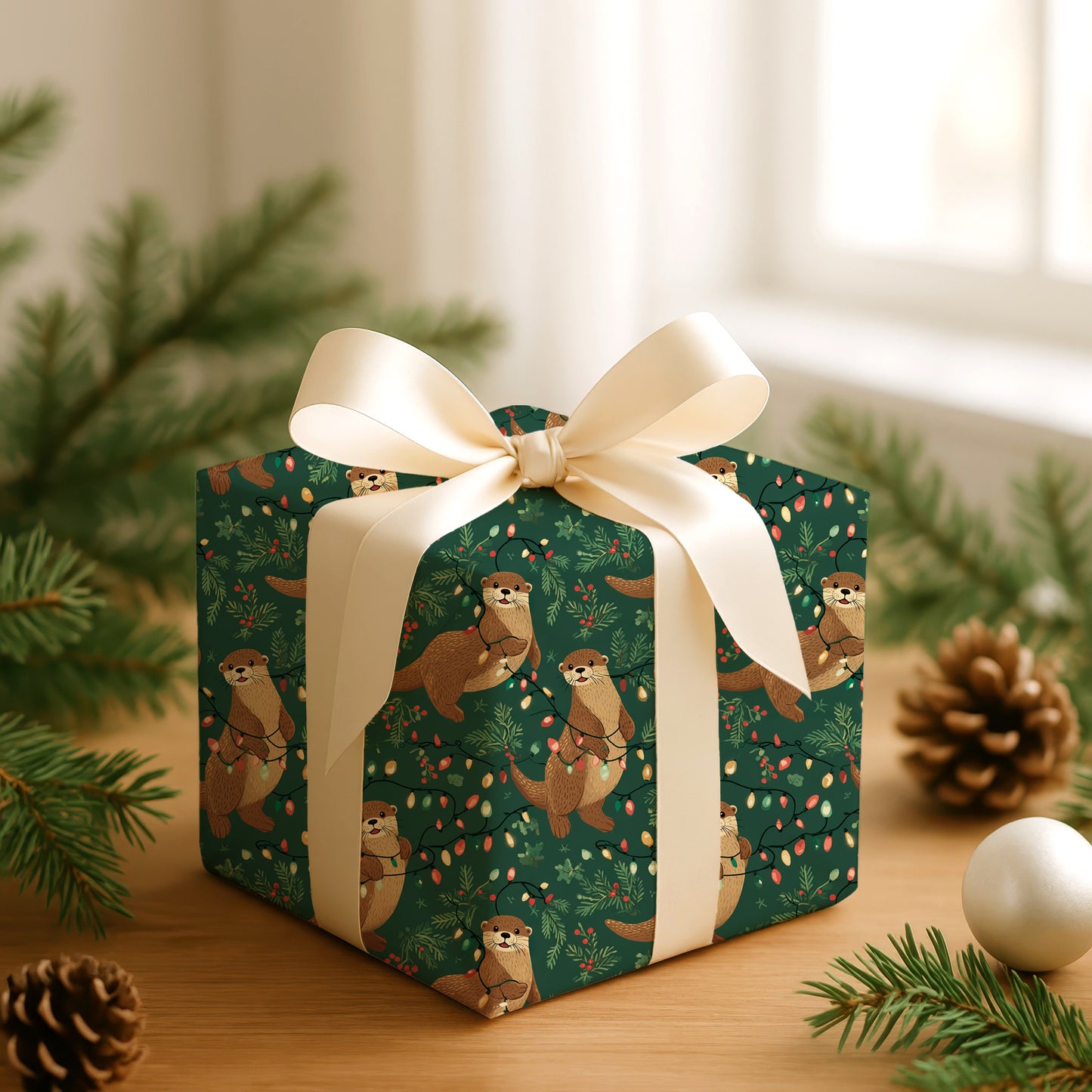 Playful Otters Tangle In Festive Lights