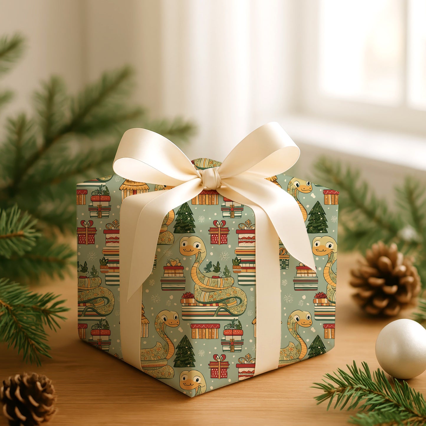 Serpents Wrap Gifts Under Snowfall