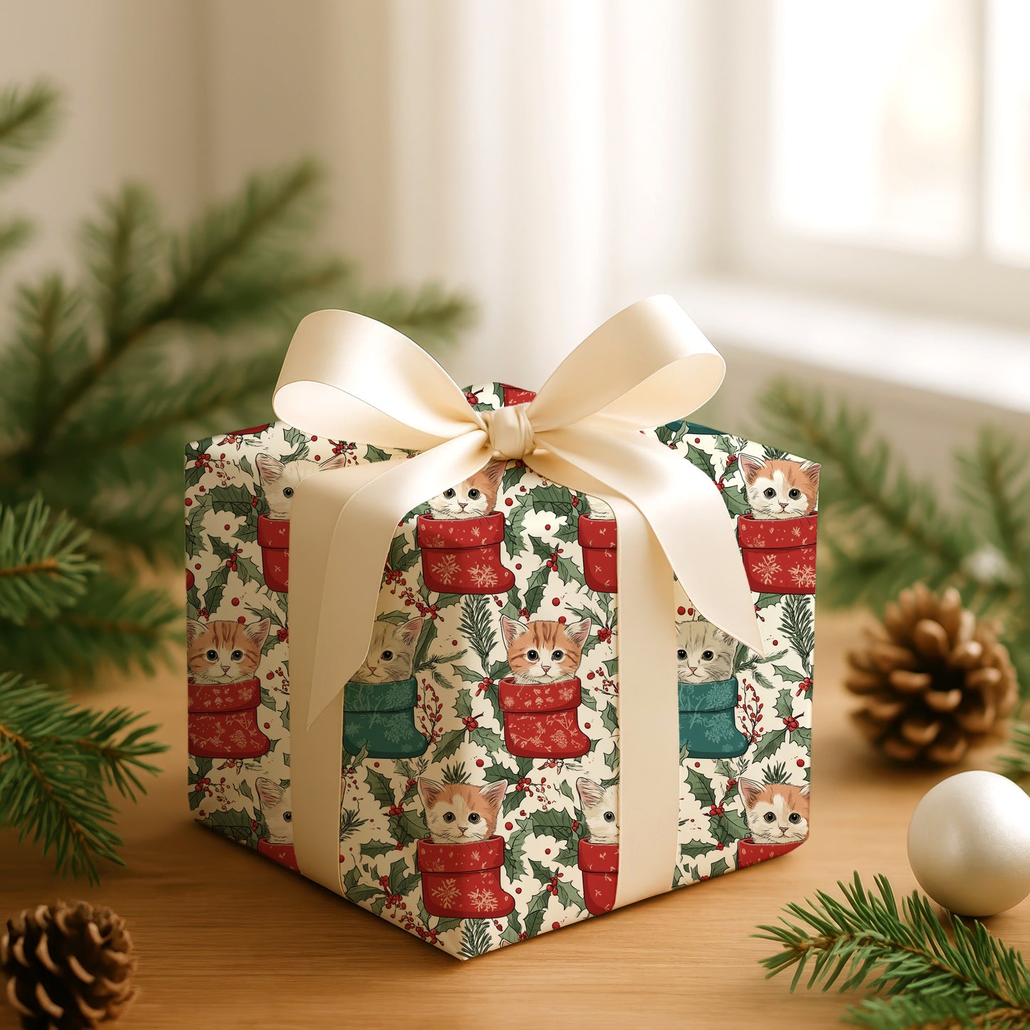 Nestled Kittens in Crimson Stockings