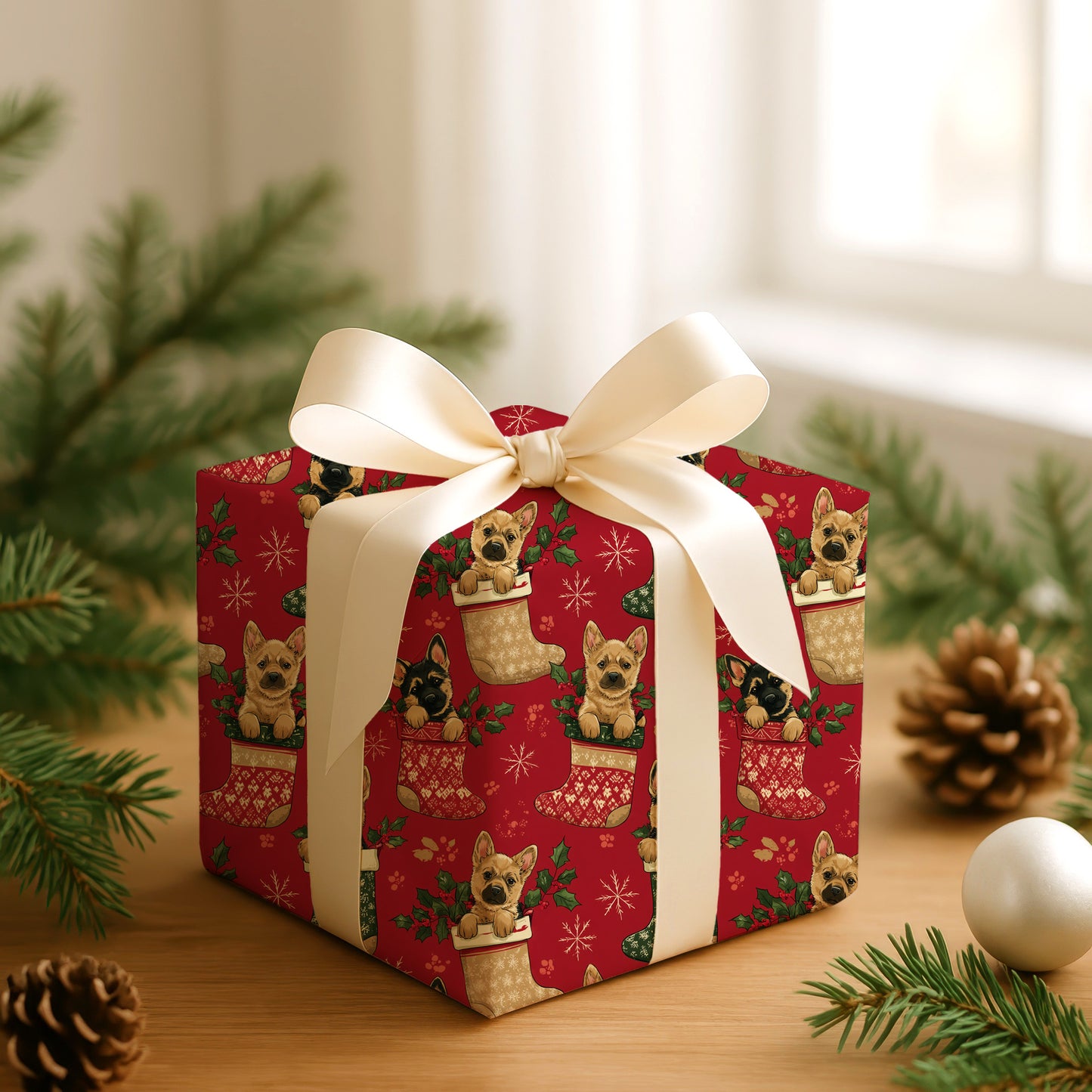 Puppies Peek From Christmas Stockings