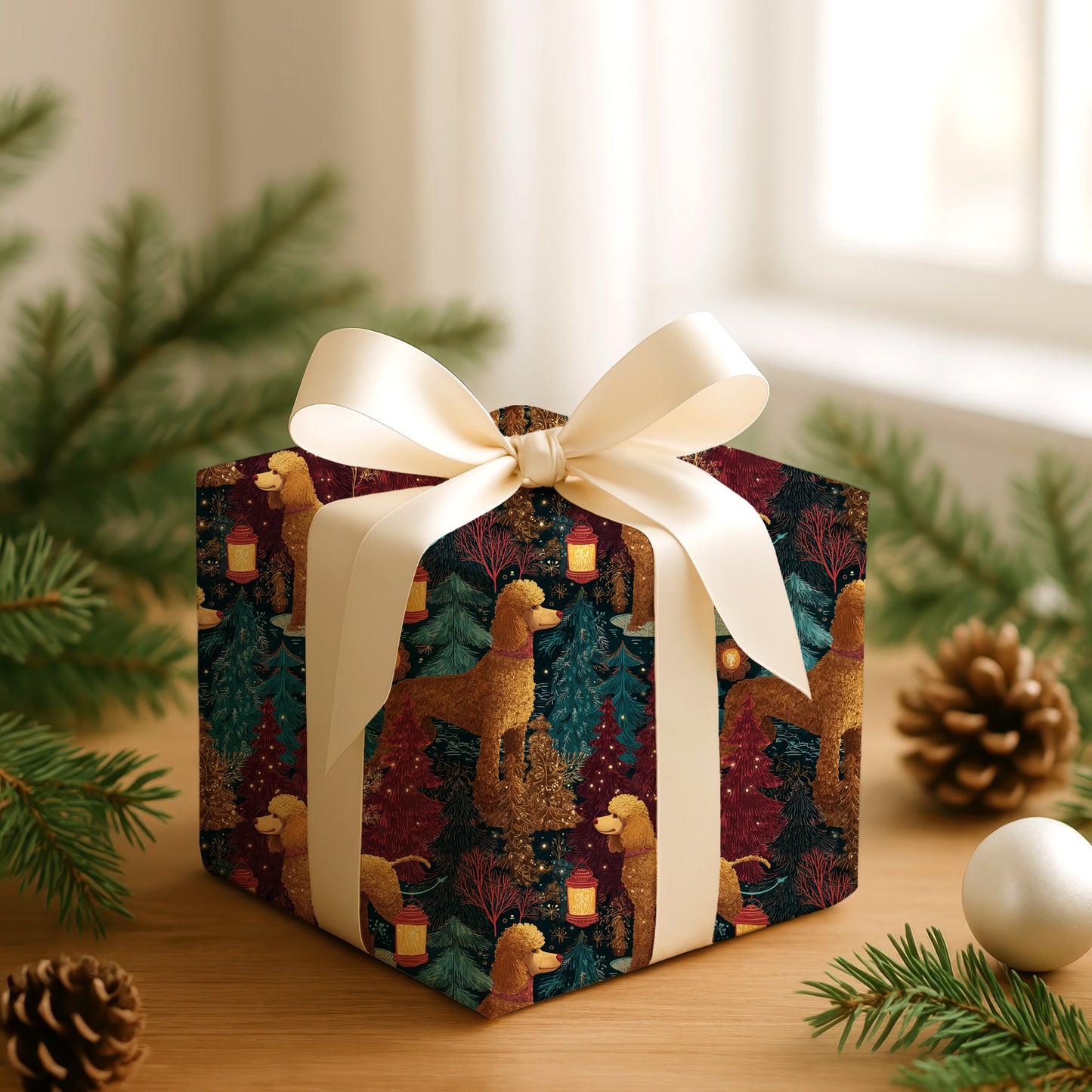 Festive Poodles Dancing Through Evergreens