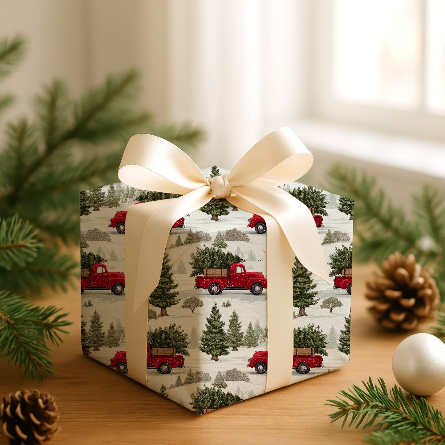 Red Trucks Through Snowy Pines