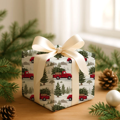 Red Trucks Through Snowy Pines
