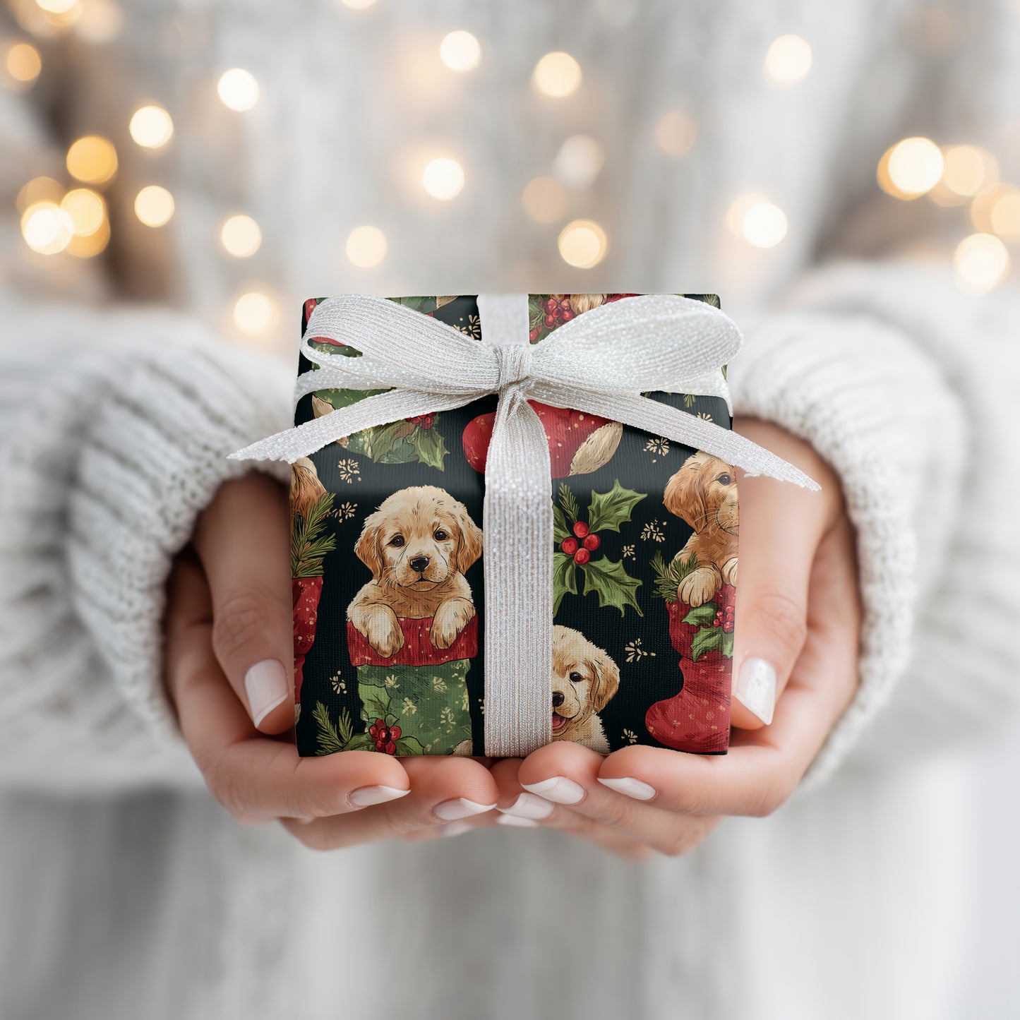 Yuletide Puppies Peeking From Stockings