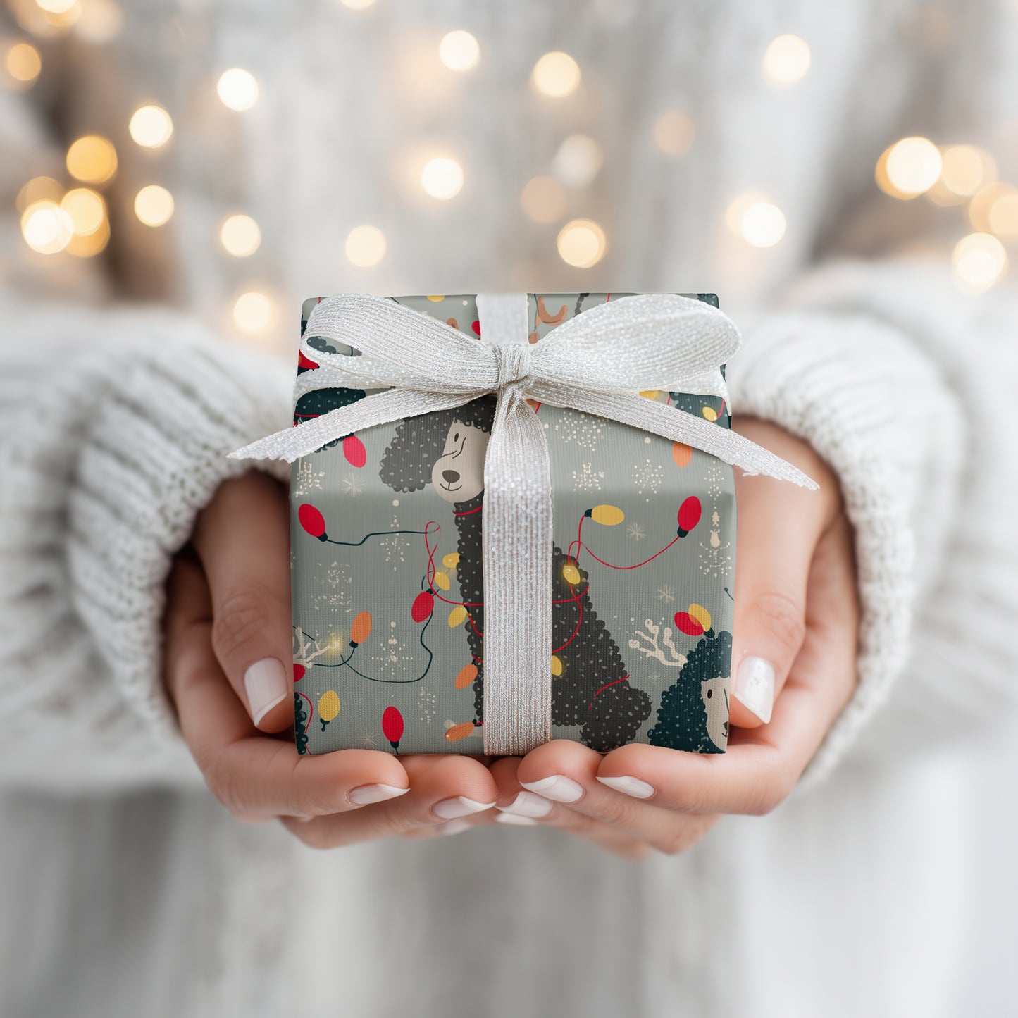 Festive Poodles Dancing Through Lights