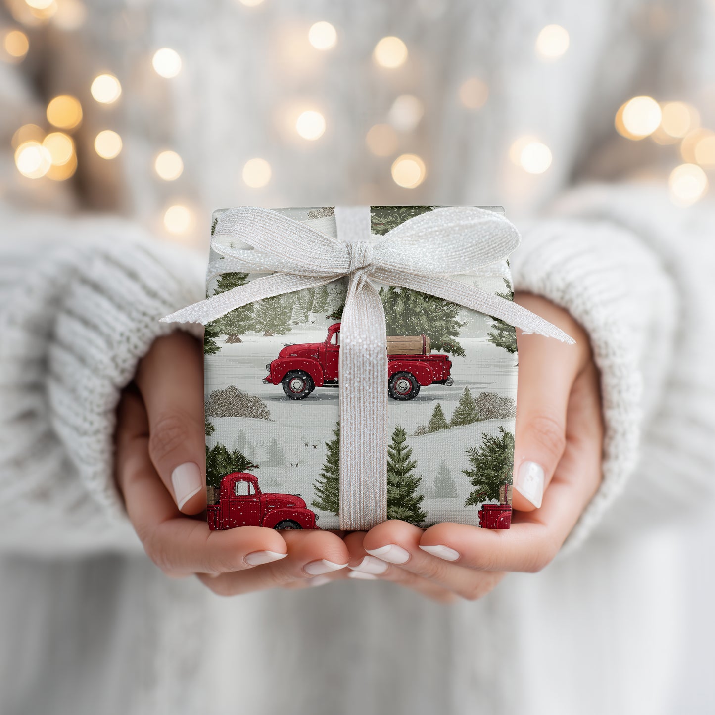 Red Trucks Through Snowy Pines