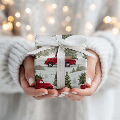 Red Trucks Through Snowy Pines