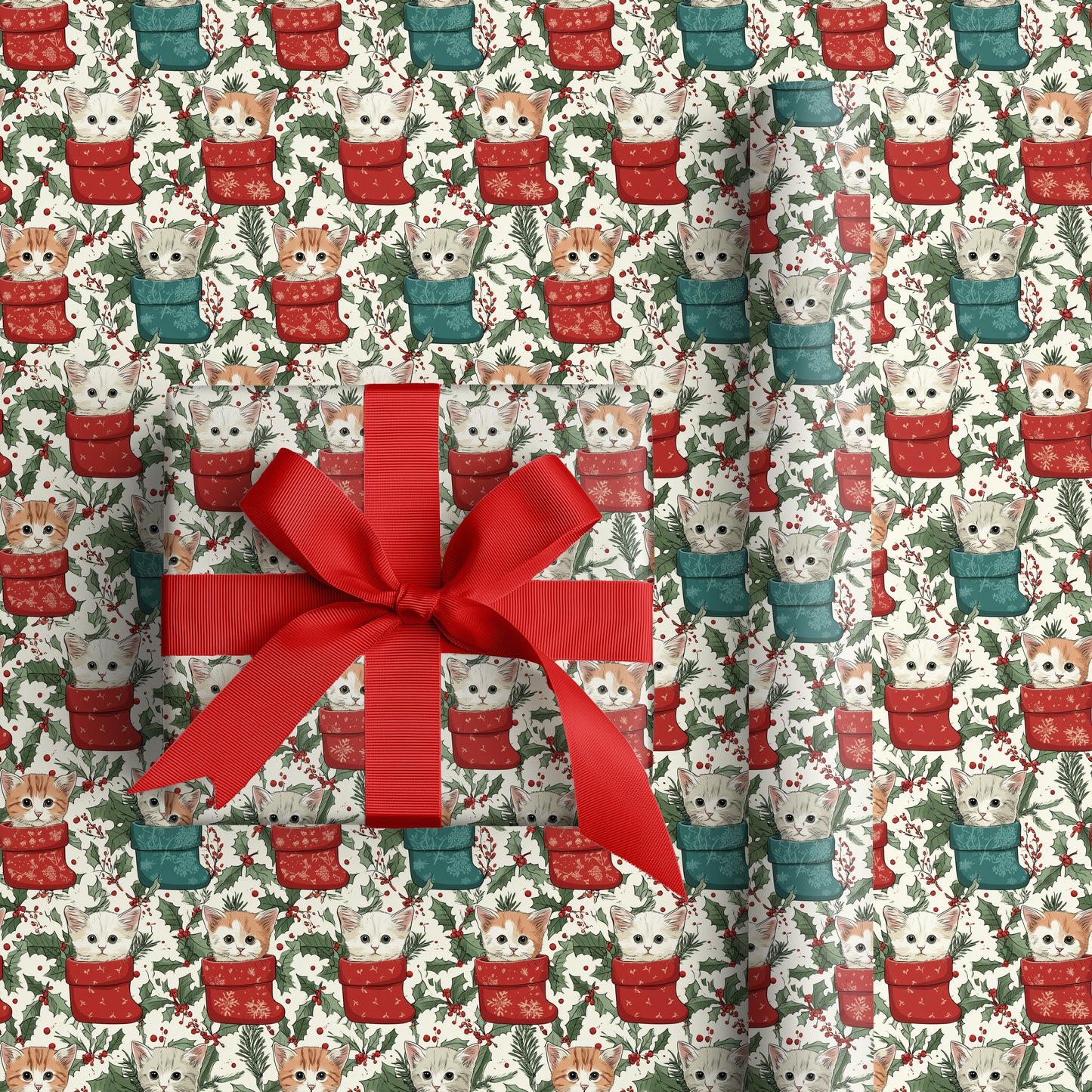 Nestled Kittens in Crimson Stockings