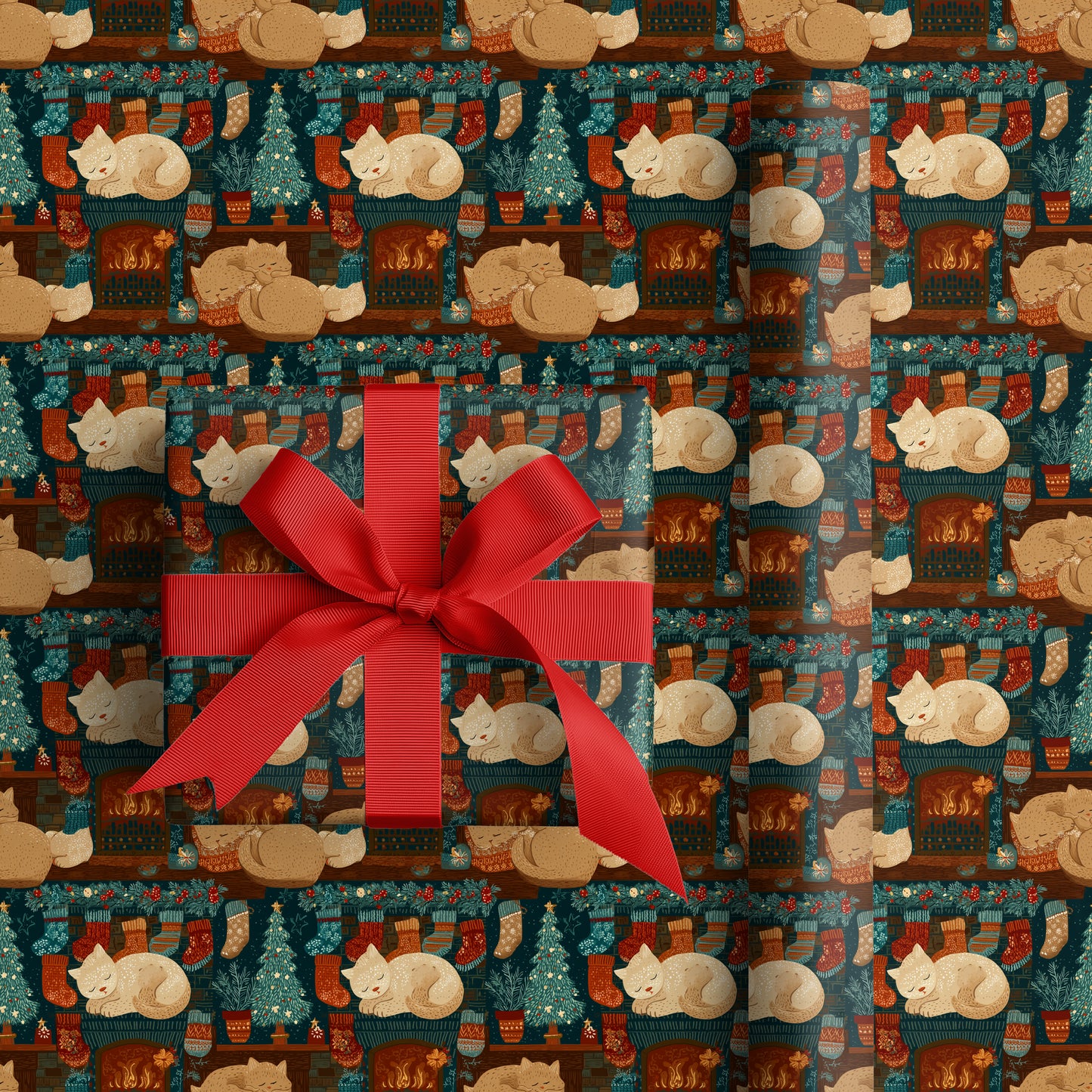 Fireplace Purrs Between Winter Stockings