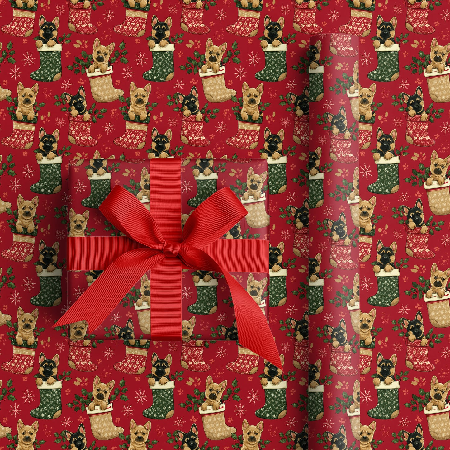 Puppies Peek From Christmas Stockings