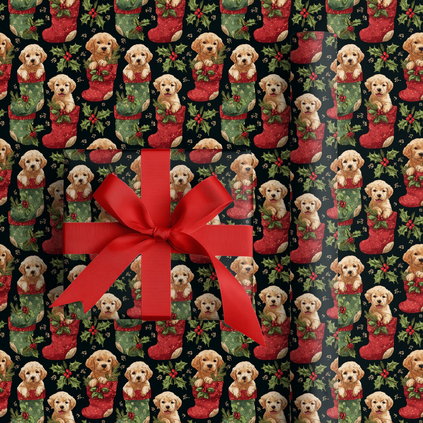 Yuletide Puppies Peeking From Stockings