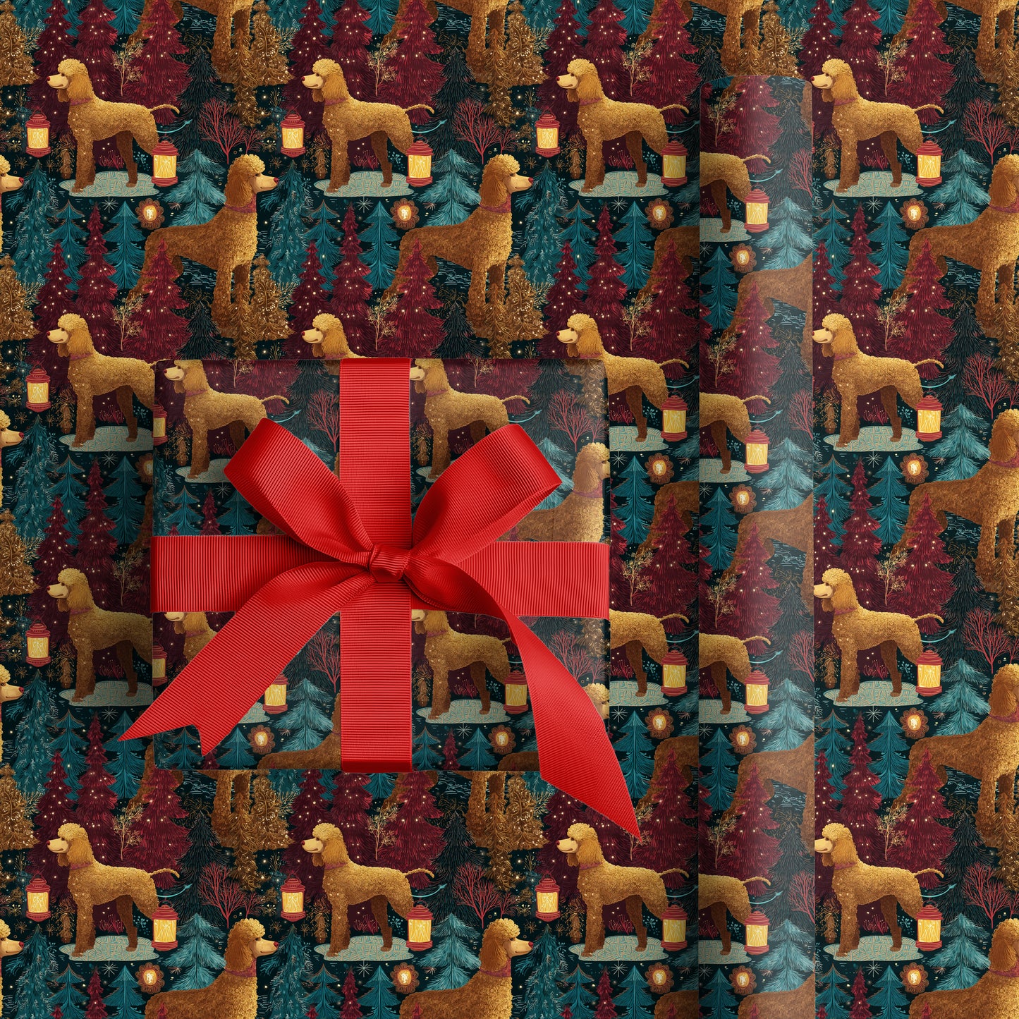 Festive Poodles Dancing Through Evergreens