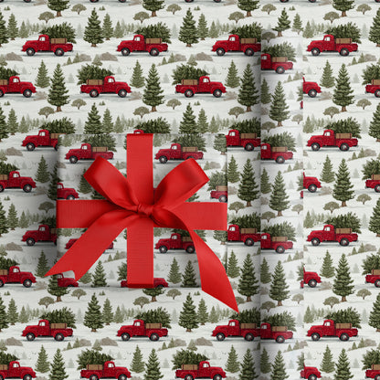 Red Trucks Through Snowy Pines