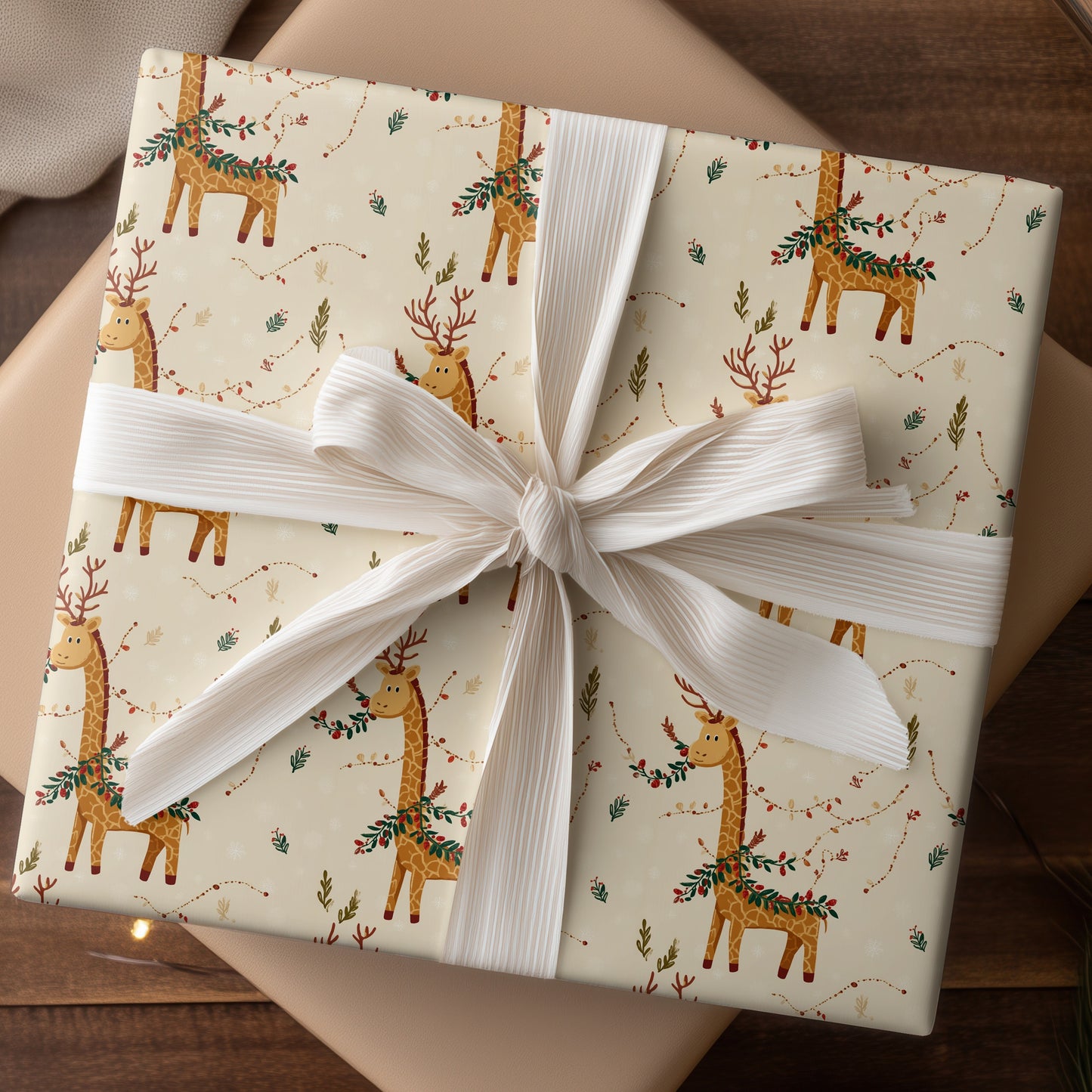 Festive Giraffe Wears Winter's Garland