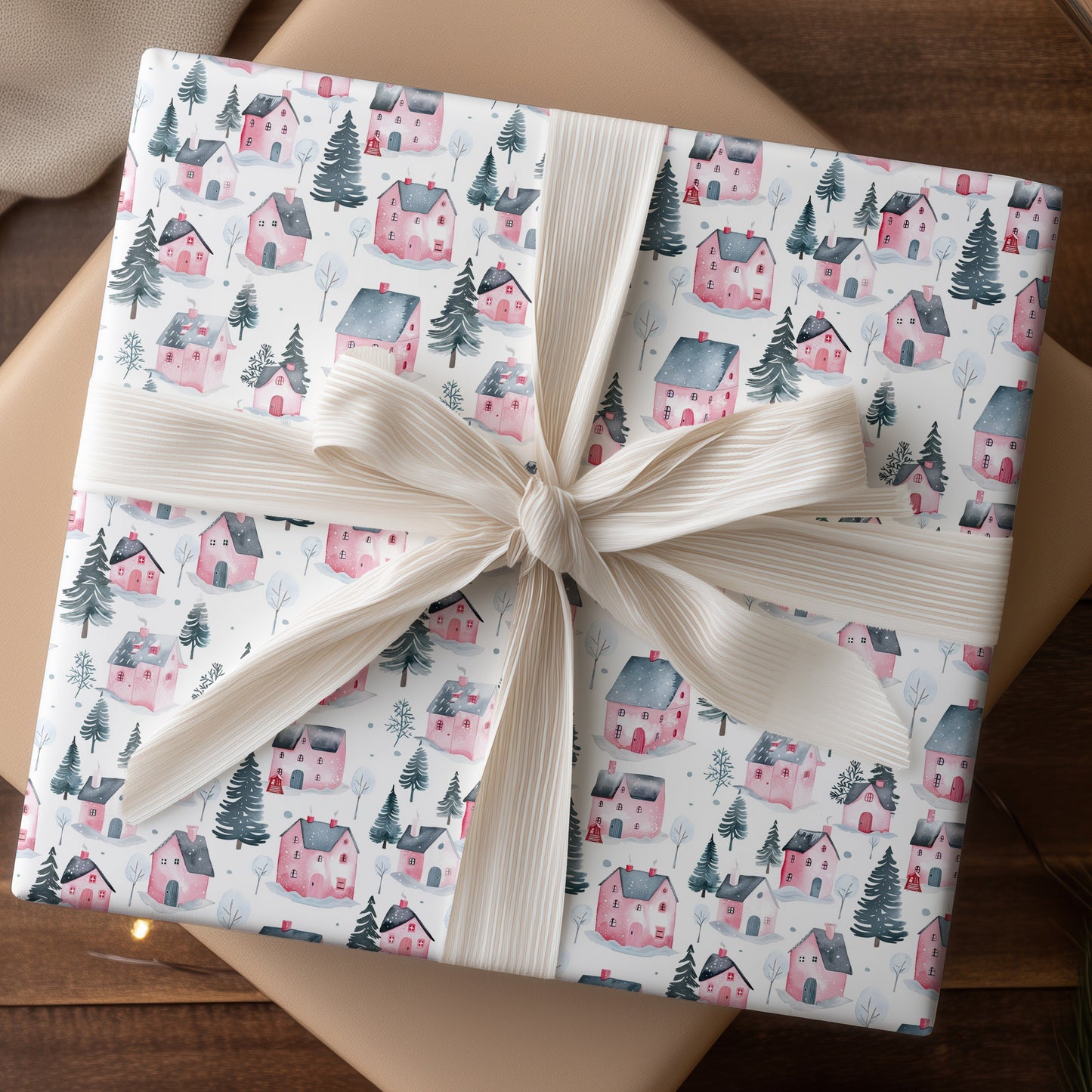 Pink Cottages Dance Through Snowfall