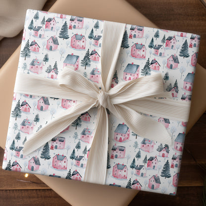 Pink Cottages Dance Through Snowfall