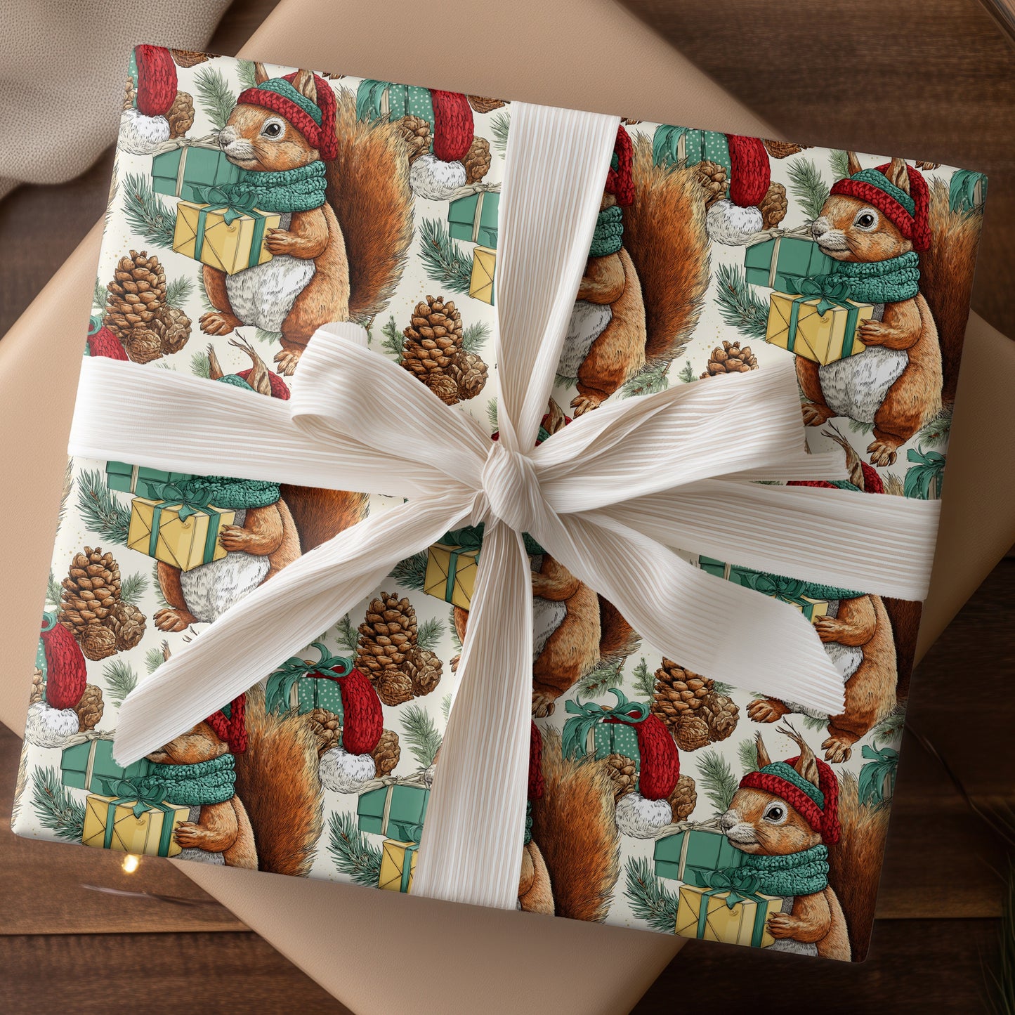 Festive Squirrel Wraps Winter's Gift