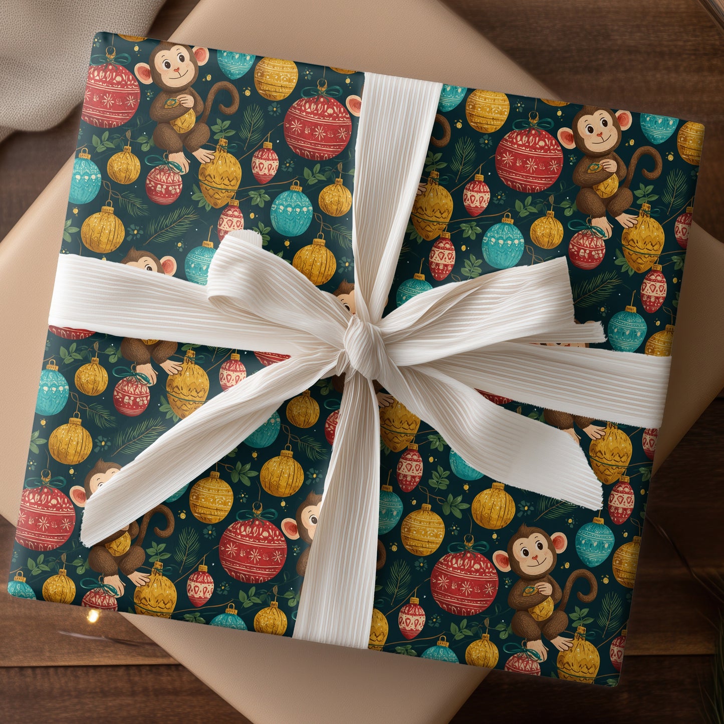 Monkey Plays Among Holiday Treasures