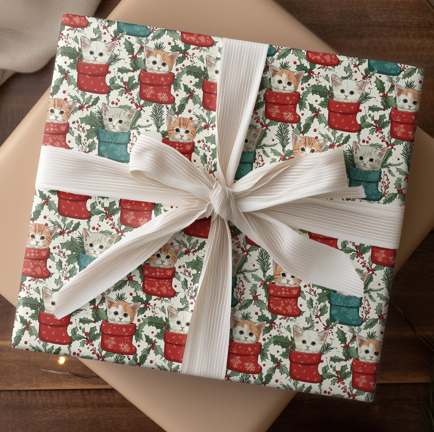 Nestled Kittens in Crimson Stockings