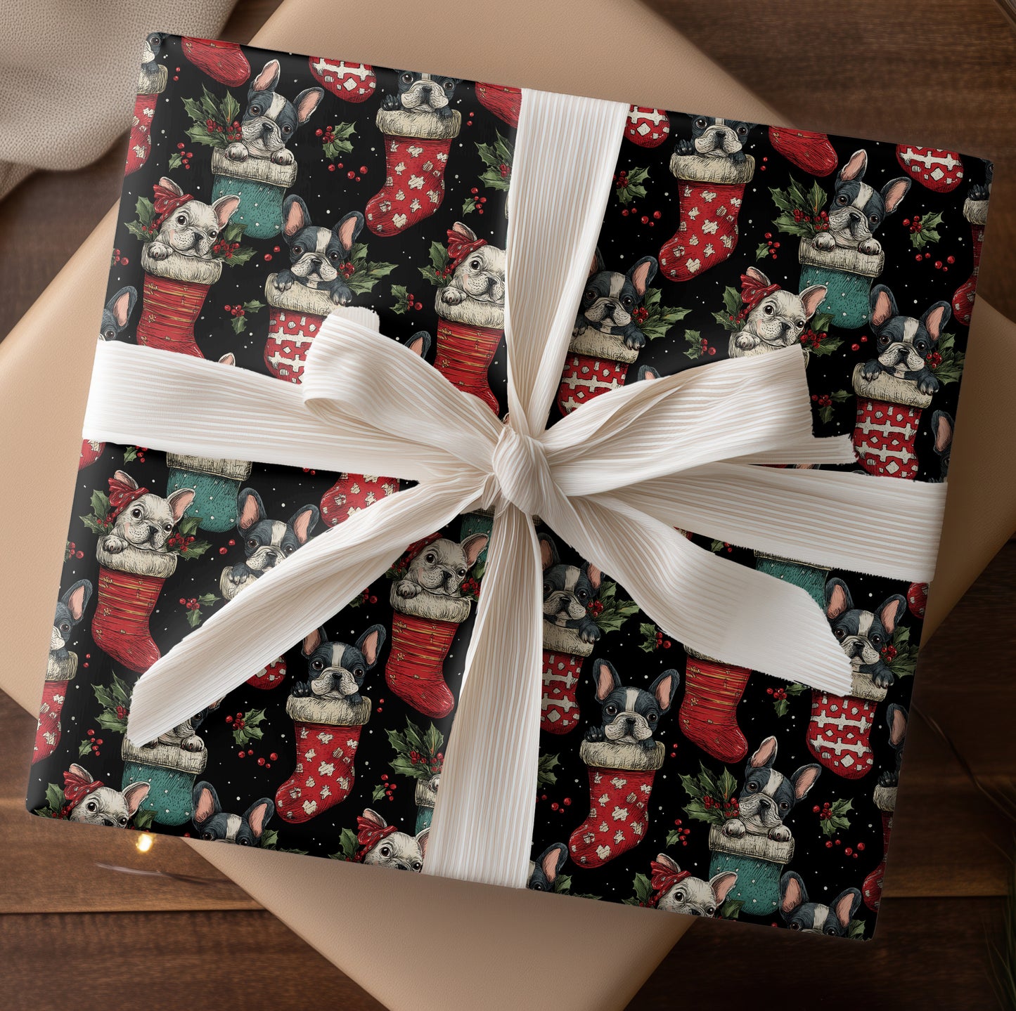 Festive Frenchies Peek Through Stockings