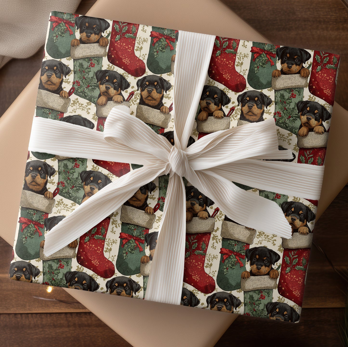 Joyful Rottweiler Pups in Cozy Stockings