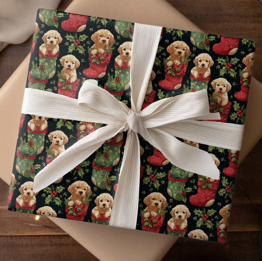 Yuletide Puppies Peeking From Stockings