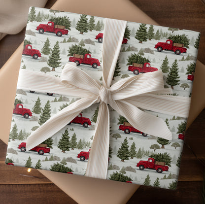 Red Trucks Through Snowy Pines