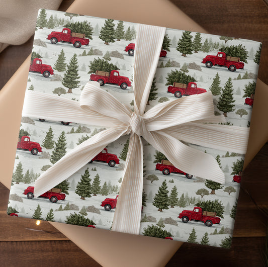 Red Trucks Through Snowy Pines